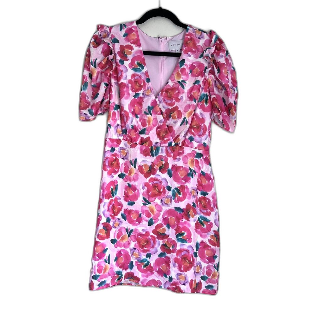 Adelyn Rae Pink Floral Puff Sleeve V Neck Mini Dress Size M